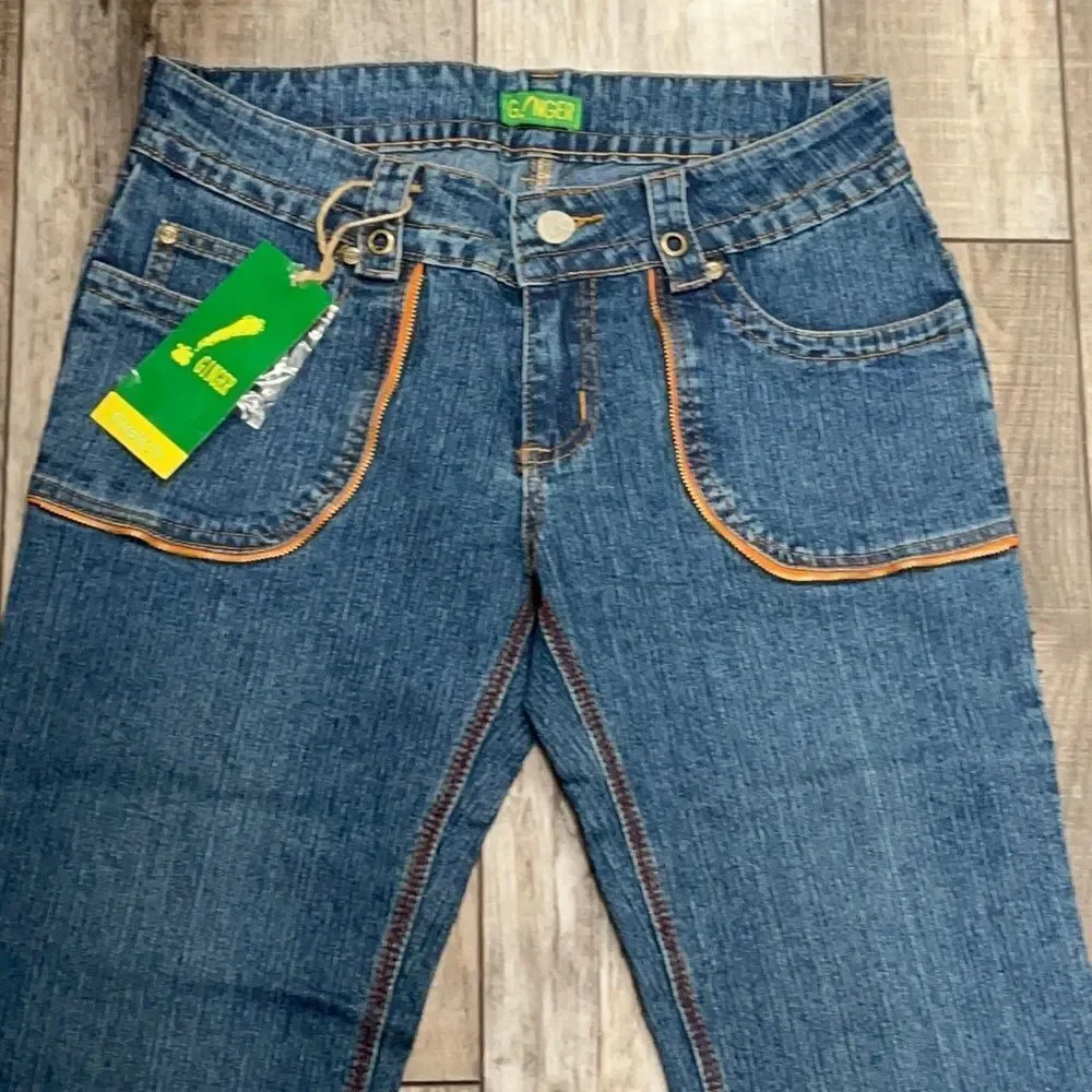 NWT Y2K G!nger Jeans Blue with Orange And Red Embroidered Stitching Size 10